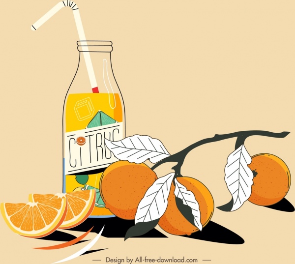 lukisan jus buah jeruk berwarna desain gambar tangan klasik