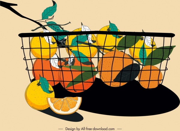 keranjang buah jeruk melukis sketsa handdrawn klasik berwarna-warni