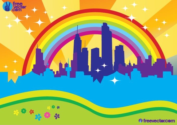 cidade fundo edifício arco-íris ícones decoração colorida