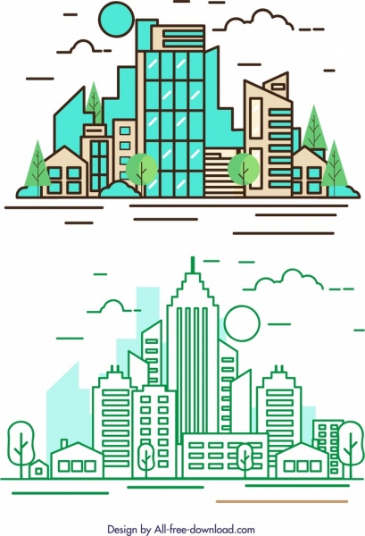 城市背景现代建筑图标彩色平面素描