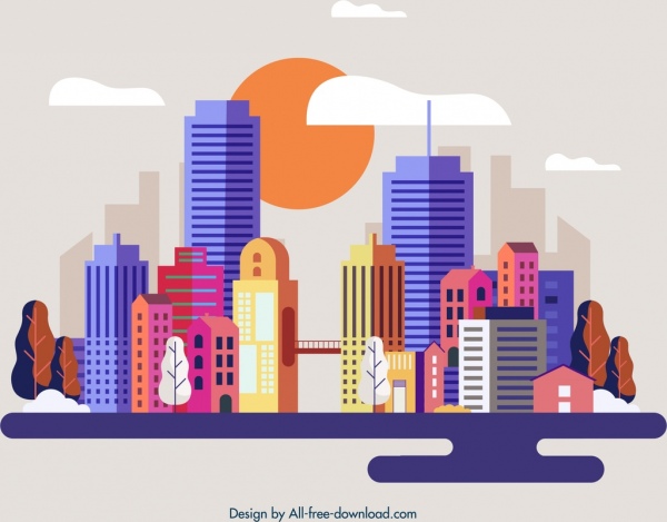 icona di architetture moderne città sfondo disegno multicolore