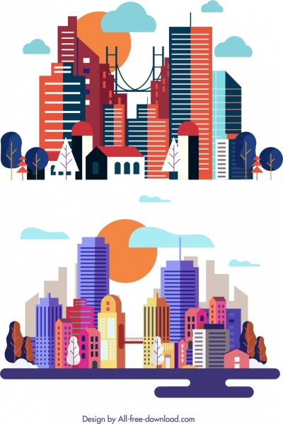 도시 배경 템플릿 현대 마천루 아이콘 다 색된 장식