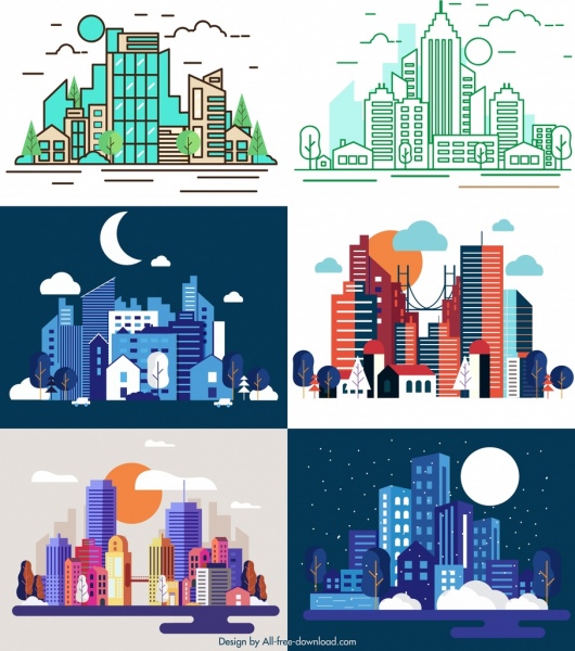 城市背景範本摩天大樓圖示五顏六色的現代素描