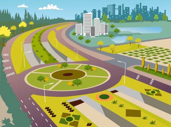 城市基礎設施繪畫道路圖示多彩現代設計
