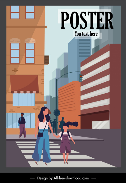 cartel de la vida de la ciudad calle dibujo peatonal diseño de dibujos animados