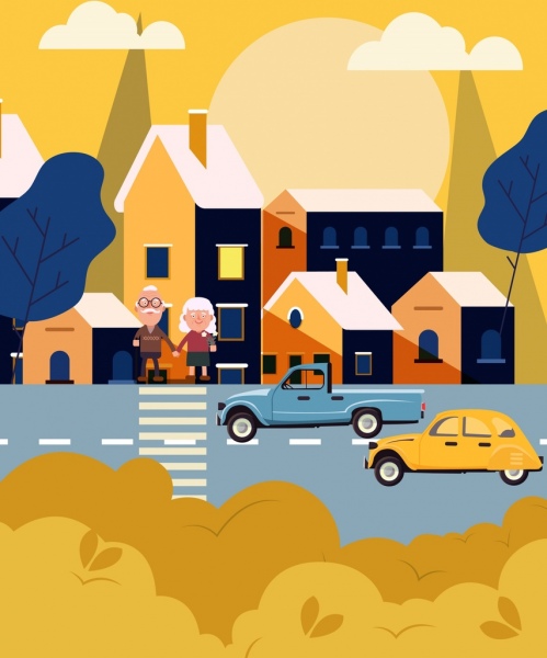 cidade pintura estrada pedestre de carros casas decoração de ícones