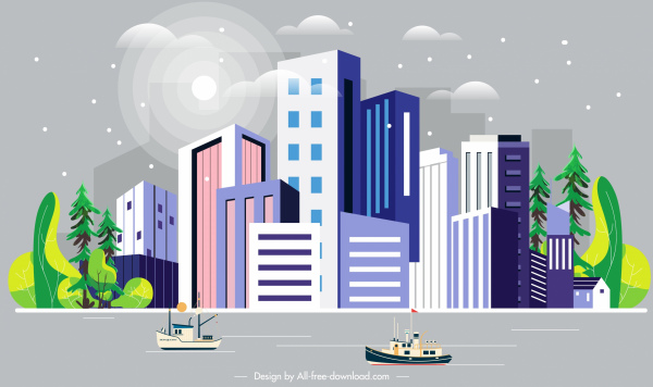 scène de ville peignant les gratte-ciel colorés de décor croquis de bord de la rivière