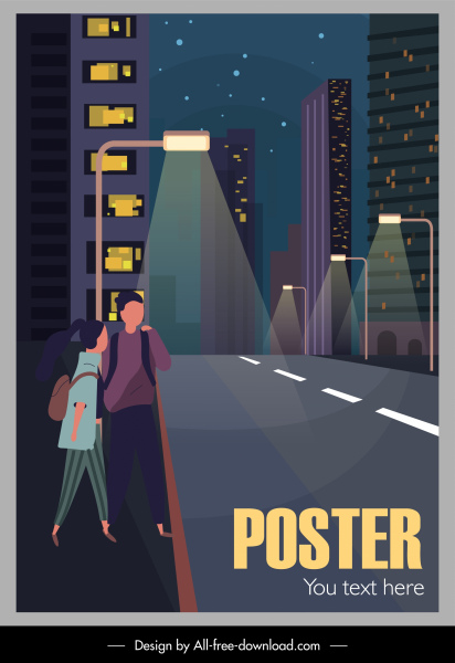 pemandangan kota poster desain kartun sketsa jalanan malam