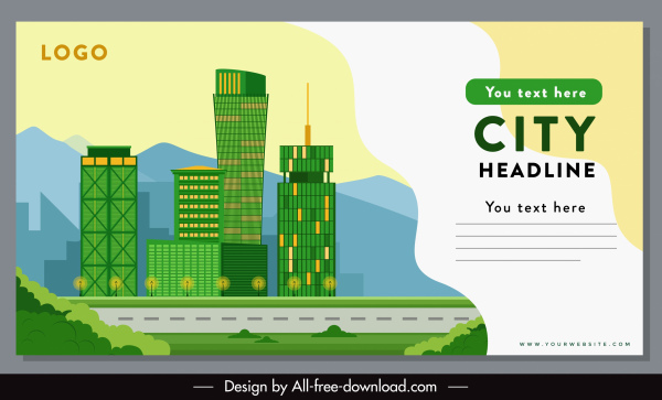 городские пейзажи баннер плоский зеленый эскиз современных зданий