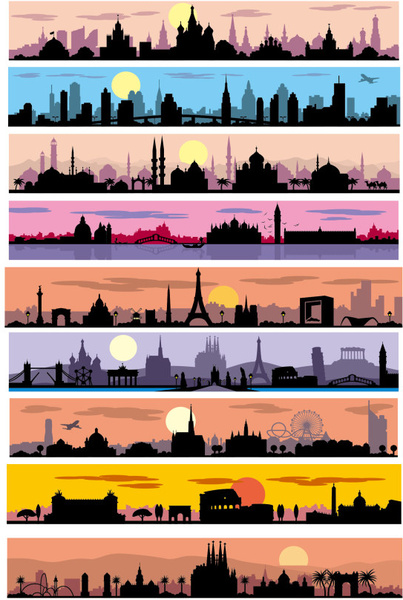 城市夕阳的剪影矢量图形