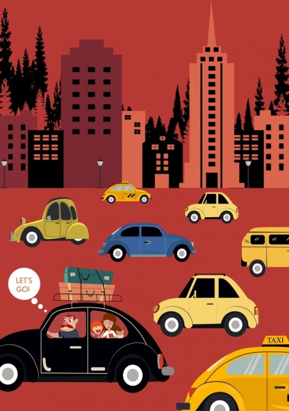 都市交通の車の建物アイコン描画色の漫画