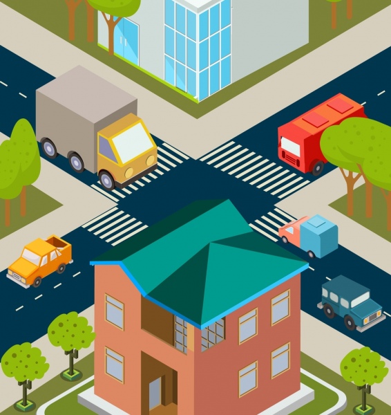 حركة المرور في المدينة الرسم الملونة 3d تصميم أيقونات السيارات