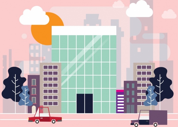 Cityscape ícone de fachada de prédios multicolorido de desenho plano de projeto