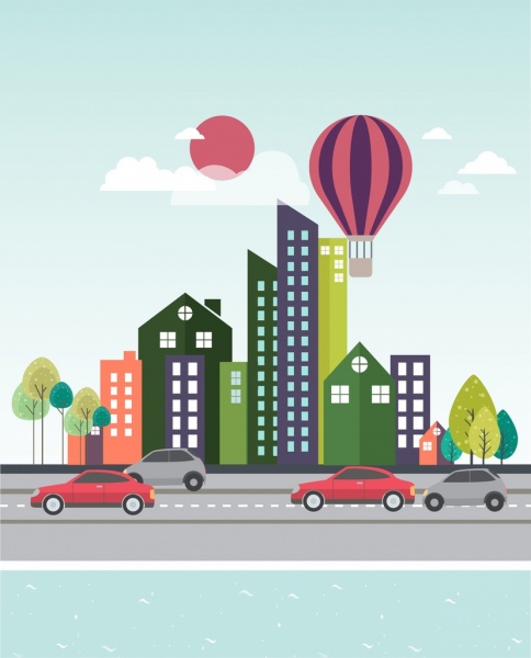 ícones de balão do Cityscape desenho edifícios de alto tráfego