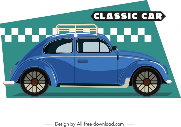 klasik araba şablonu retro mavi düz kroki