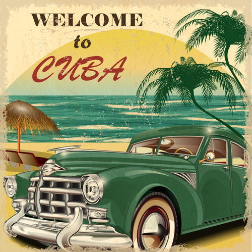 coches clásicos y viajes cartel vintage vector
