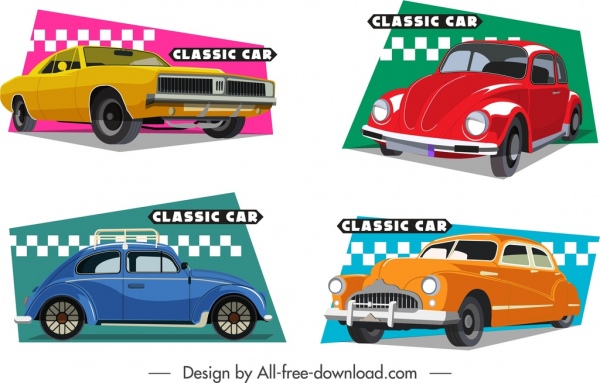 carros clássicos ícones coloridos 3d design plano