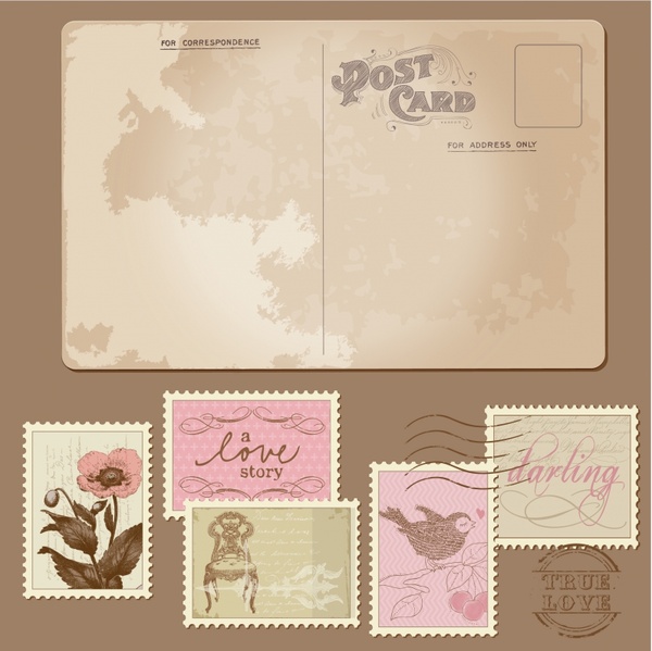 Carte postale classique avec équipement vectoriel de timbre