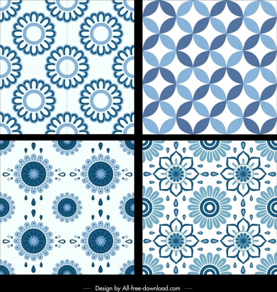 Template pola klasik dekorasi bunga berulang biru