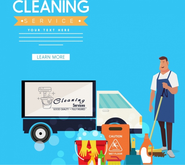 清洁服务广告男性卡车图标网页风格