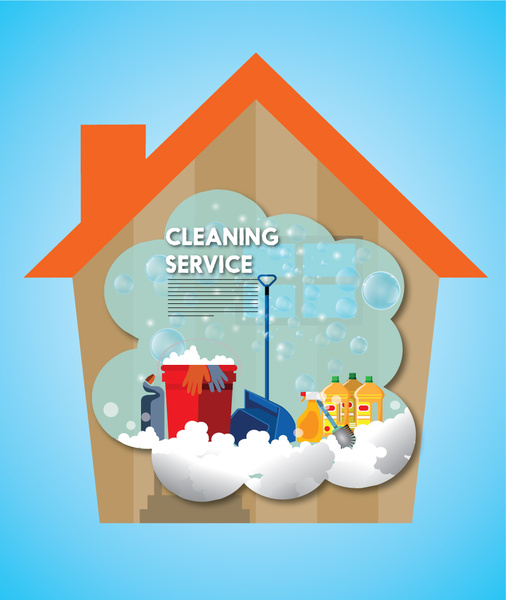 Cleaning Service Banner With Households Sets Illustration