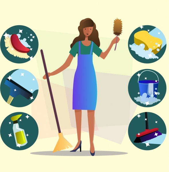 清洁服务设计元素女性工具图标装饰