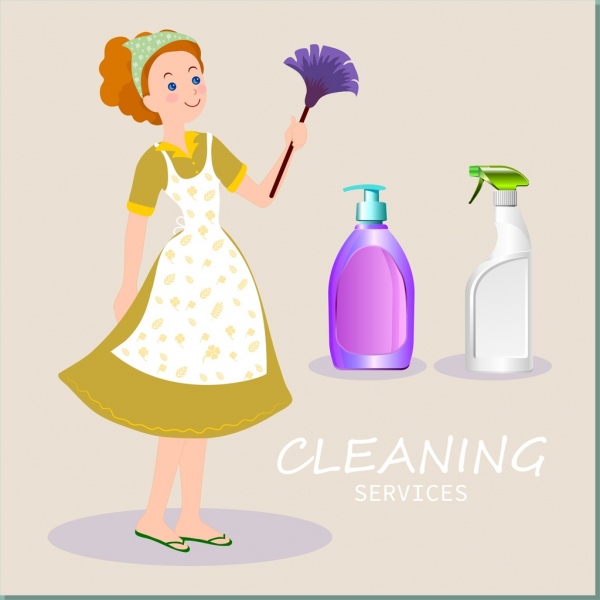 Layanan iklan ikon ibu rumah tangga membersihkan alat dekorasi pembersihan