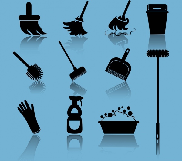 les outils de nettoyage des icônes de silhouettes noir conception collecte 3d