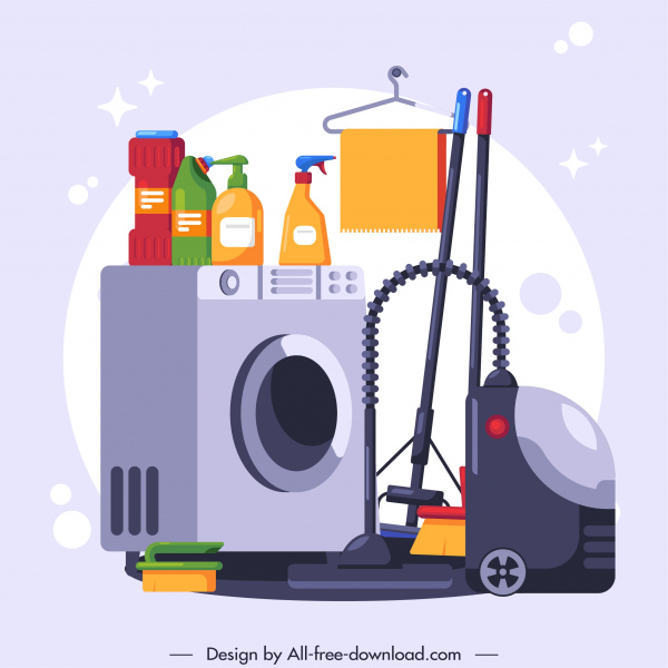herramientas de lavado de estandarte de trabajo de limpieza bosquejar colorido plano