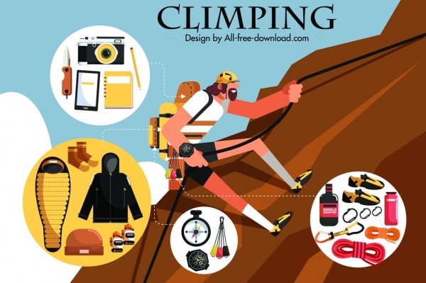 escalada banner de publicidade alpinista acessórios pessoais ícones