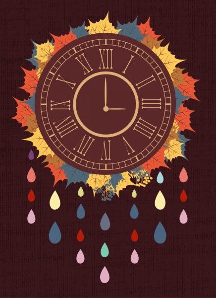时钟背景多彩的复古风格秋天树叶装饰