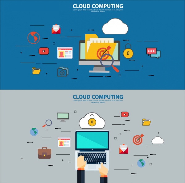 Ilustración de conceptos de computación en la nube con computadora portátil y interfaz de usuario