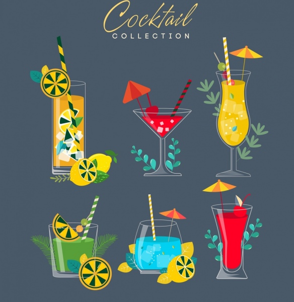 cocktail de publicidade banner bebidas vidro ícones multicoloridos decoração