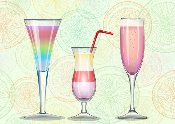 Cocktail Advertising Wineglass Icons Fruit Slices Backdrop