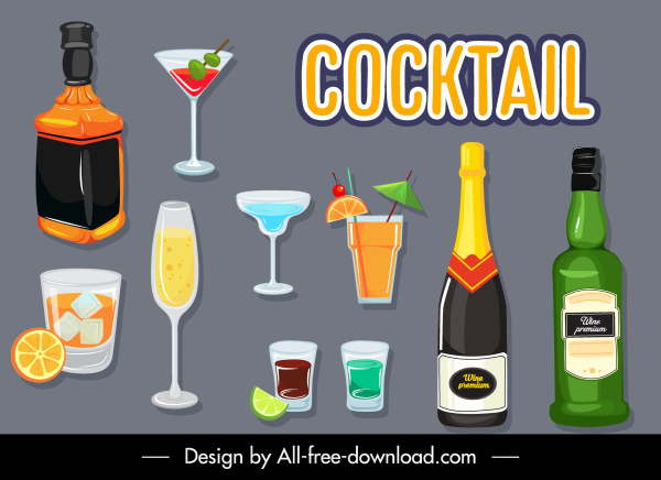 cocktail bebidas ícones garrafas copos óculos esboço
