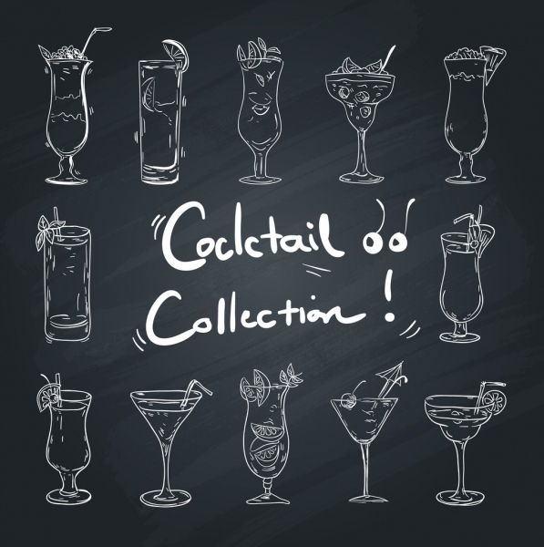 design en verre cocktail icônes collection dessinée à la main blanc noir