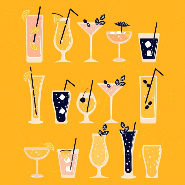 coleção de ícones de copo de cocktail colorida plana clássica design