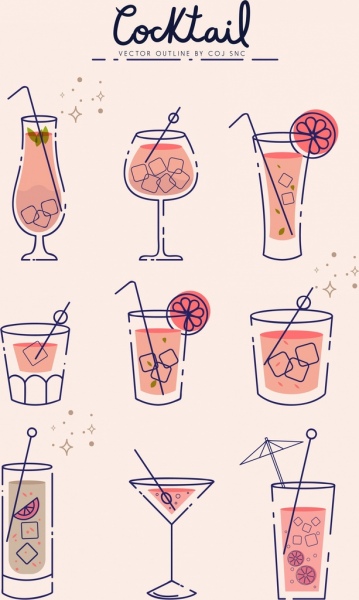 contorno de handdrawn copo de cocktail ícones coleção