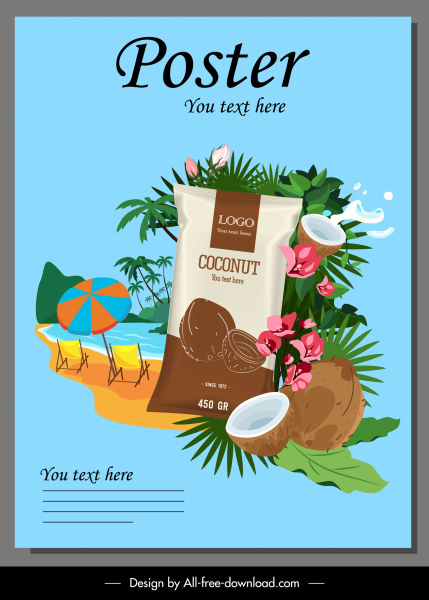 Kokos-Werbeplakat helle bunte tropische Elemente Dekor