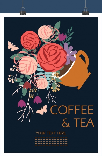 咖啡茶背景五顏六色的鮮花裝潢杯圖標