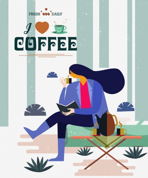 إعلان القهوة الاسترخاء امرأة رمز تصميم الرسوم المتحركة الكلاسيكية