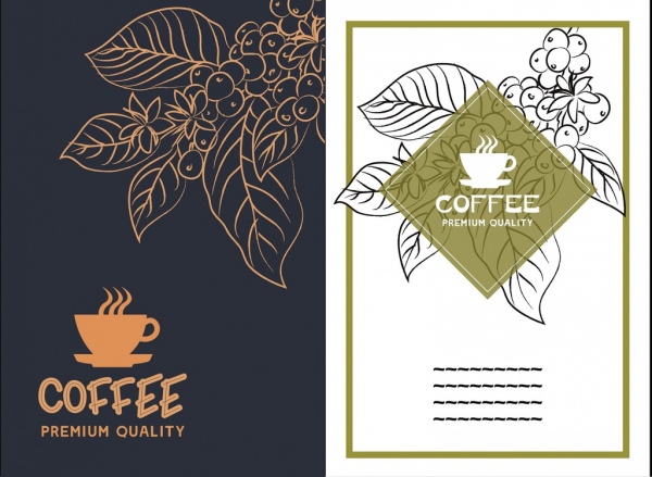 Coffee Advertisement Sets Silhouette Leaves Sketch Cup Icon