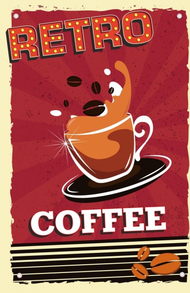 Kahve Reklam Afiş Fincan Fasulye Simgeleri Retro Tasarım