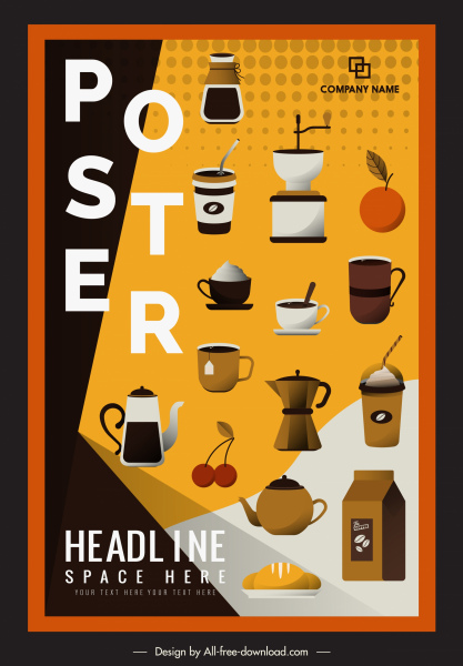 poster quảng cáo cà phê đầy màu sắc cổ điển phẳng vật trang trí