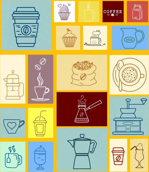 Los iconos de la máquina de la taza de granos de elementos de diseño de marca de café