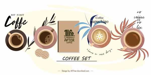 Kaffee-Dekor-Elemente Tasse Menü Skizze flaches Design