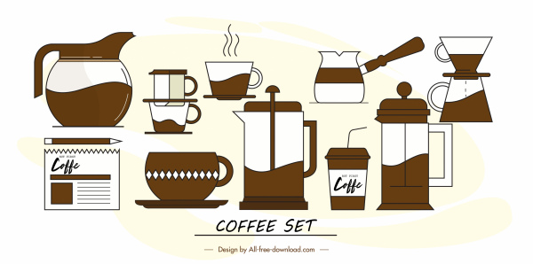 عناصر تصميم القهوة مسطحة رموز رسم البني الكلاسيكي