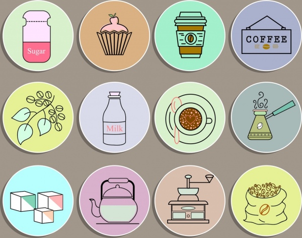 objets d’éléments de design café croquis isolation cercles colorés