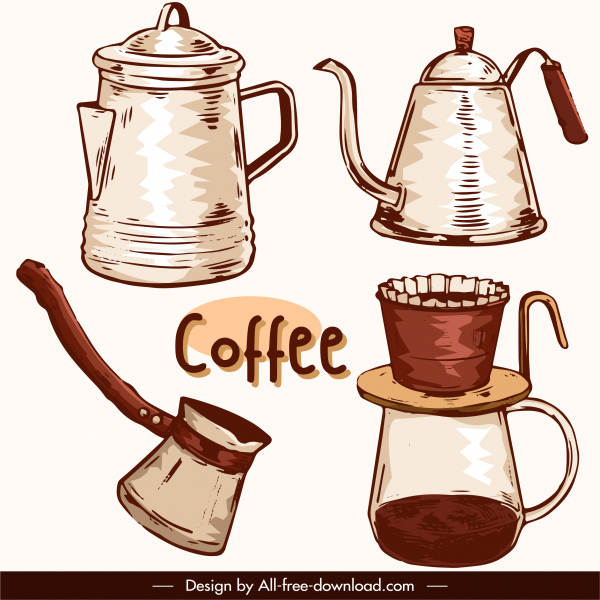 コーヒーデザイン要素レトロ手描きケトルフィルターツール