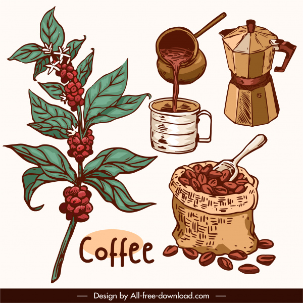 elementos de diseño de café boceto retro dibujado a mano